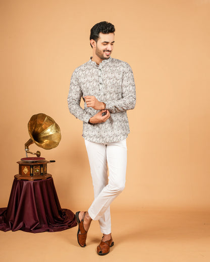 Mughal-Style Botanical Print Short Kurta for Men