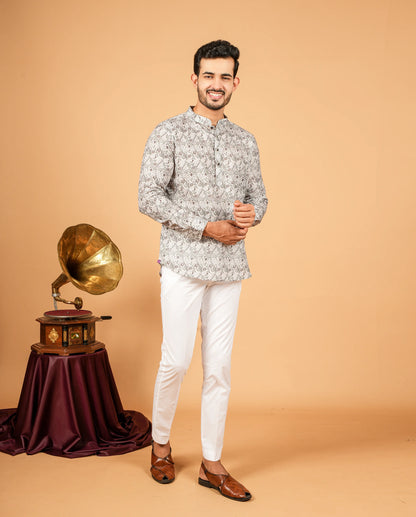 Mughal-Style Botanical Print Short Kurta for Men