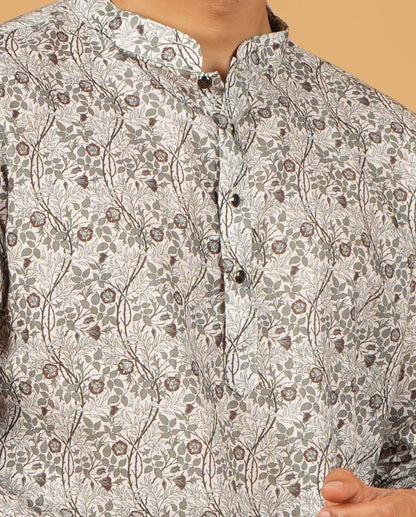 Mughal-Style Botanical Print Short Kurta for Men