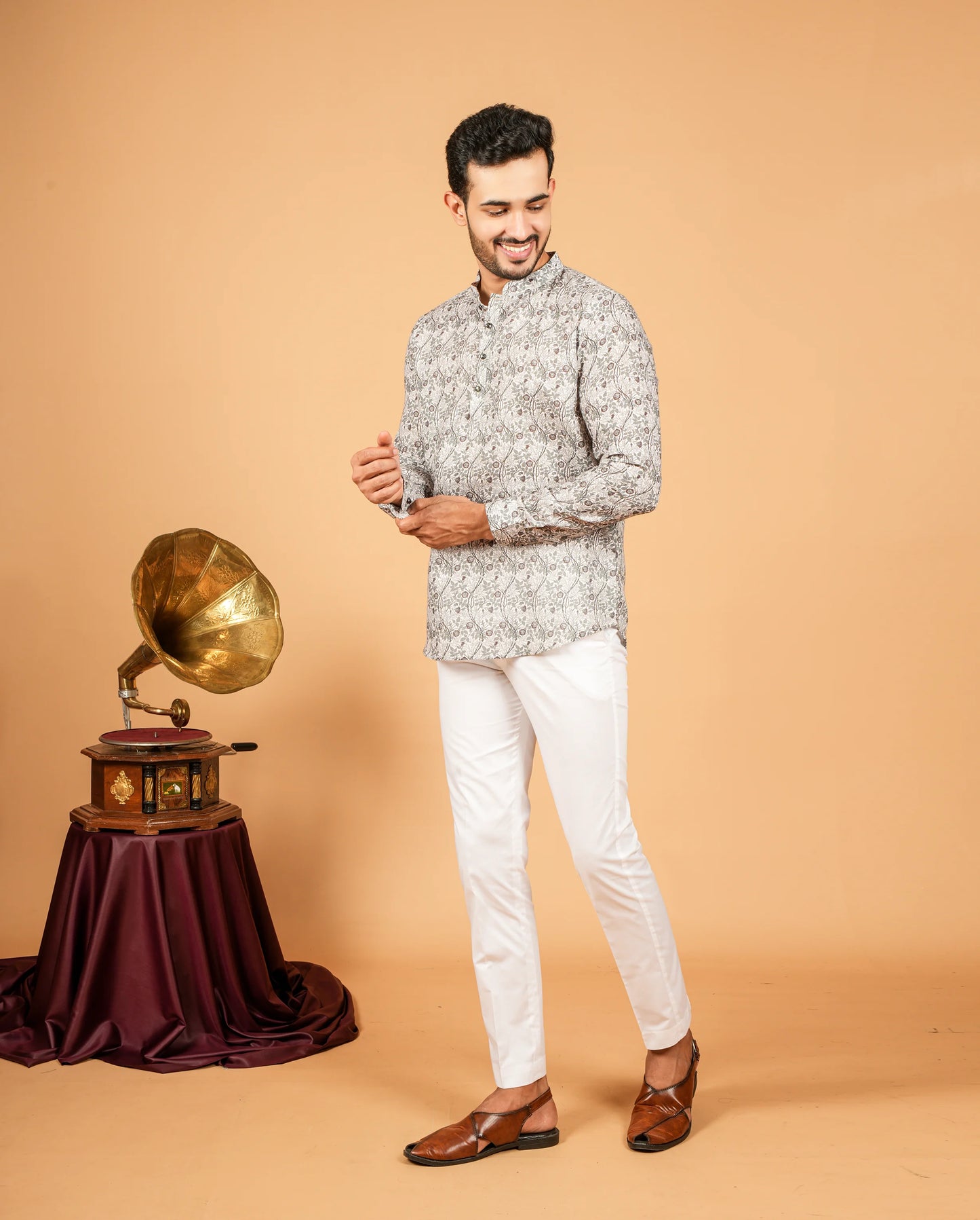 Mughal-Style Botanical Print Short Kurta for Men