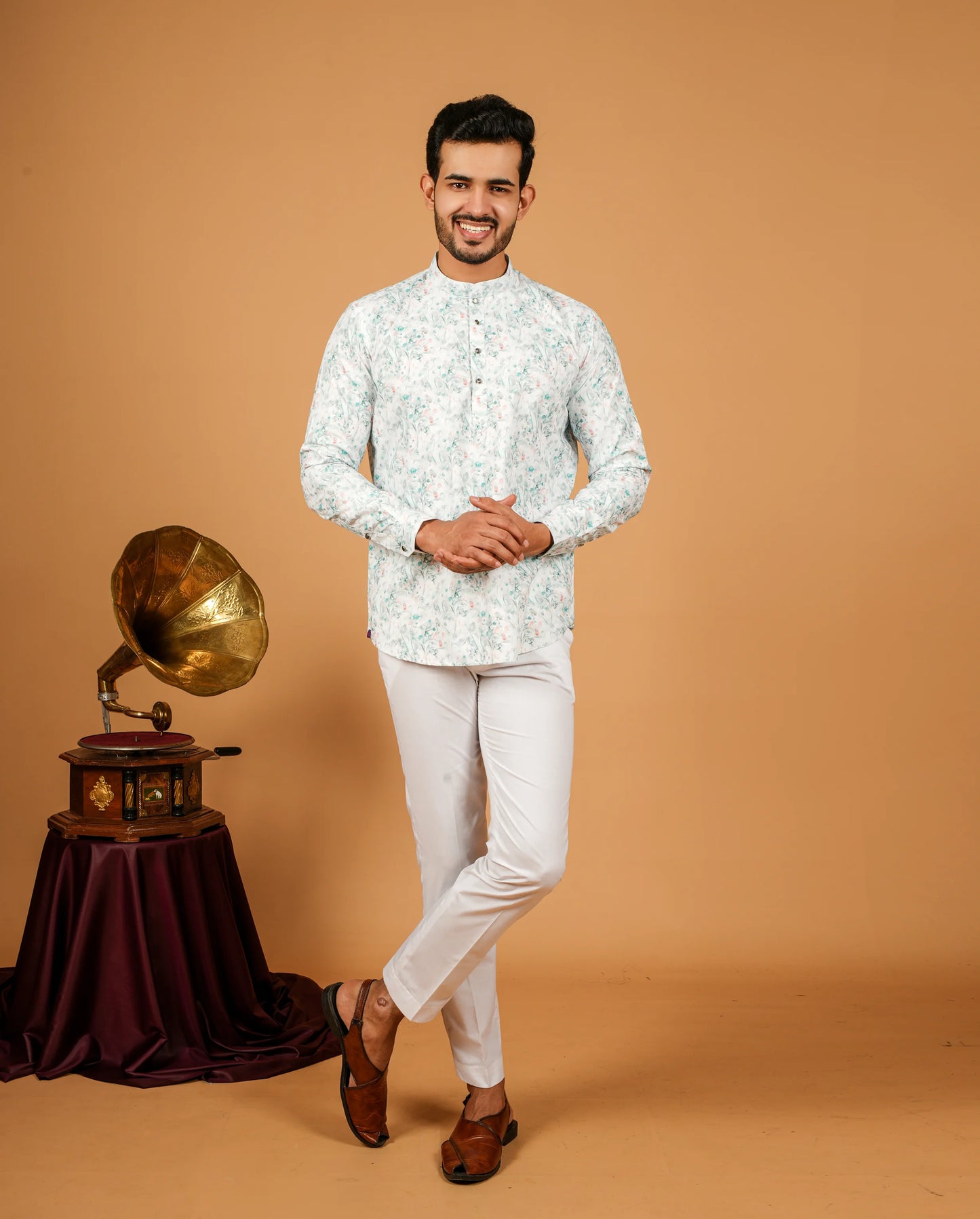 Watercolor Floral Print Short Kurta For Men