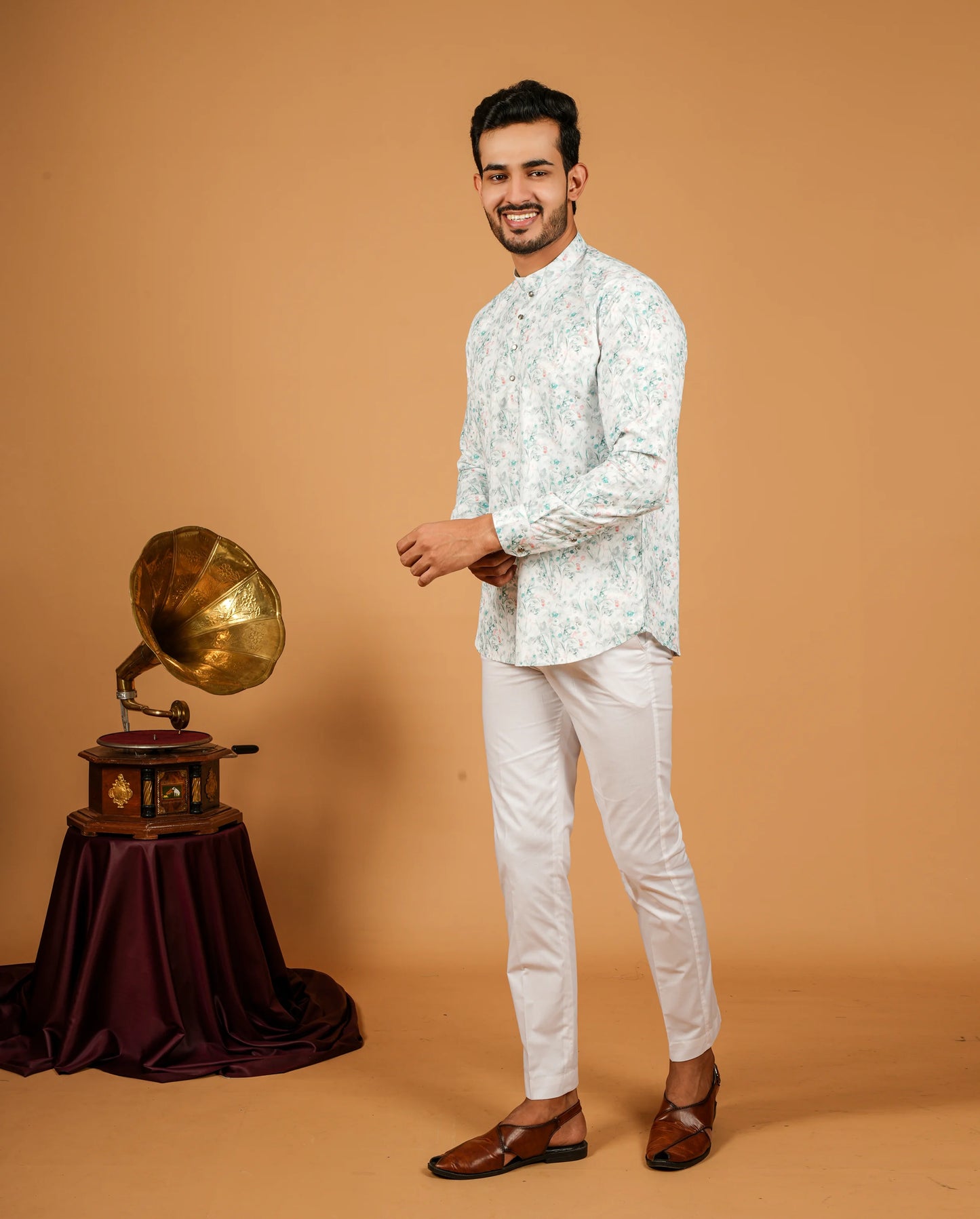 Watercolor Floral Print Short Kurta For Men