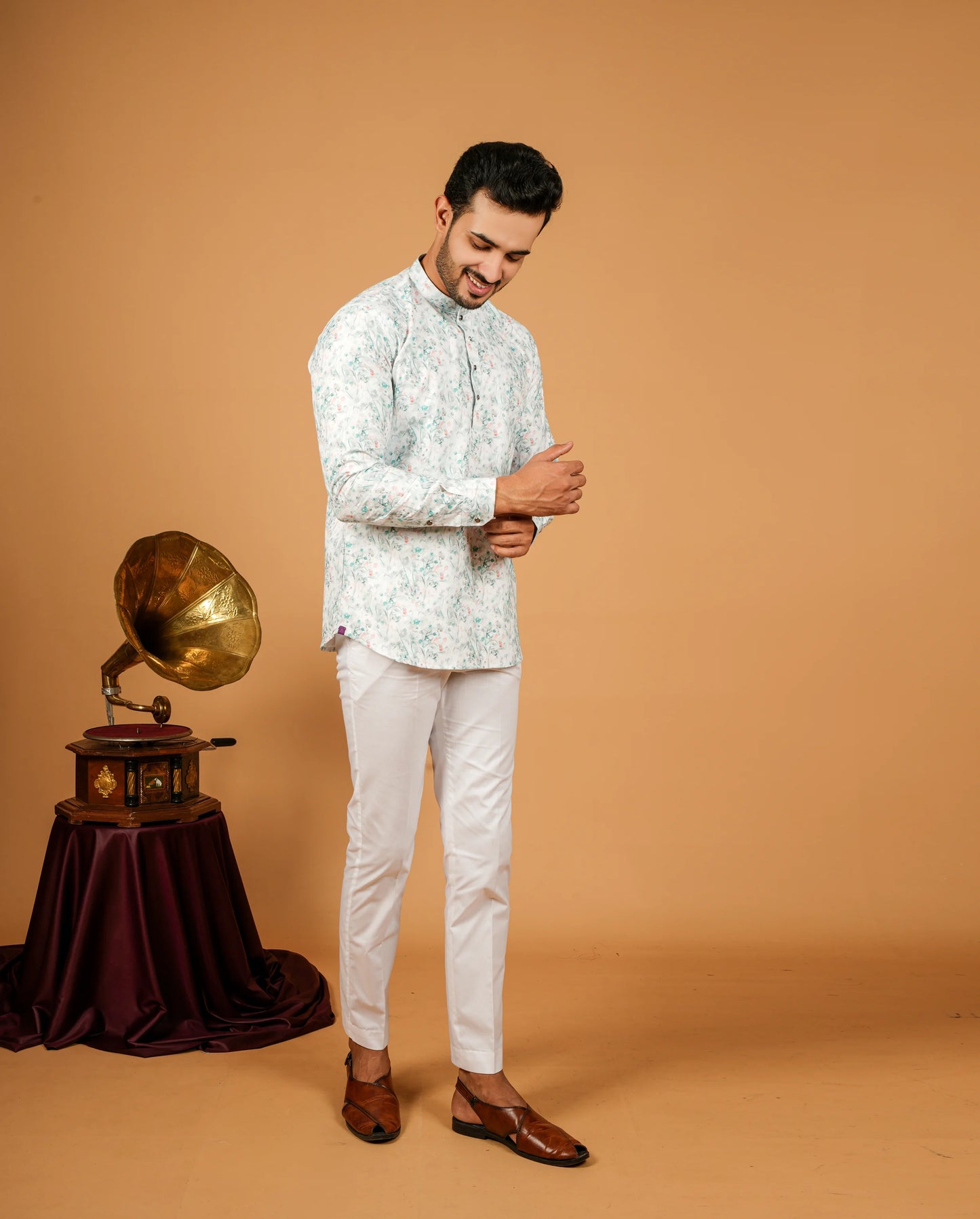 Watercolor Floral Print Short Kurta For Men