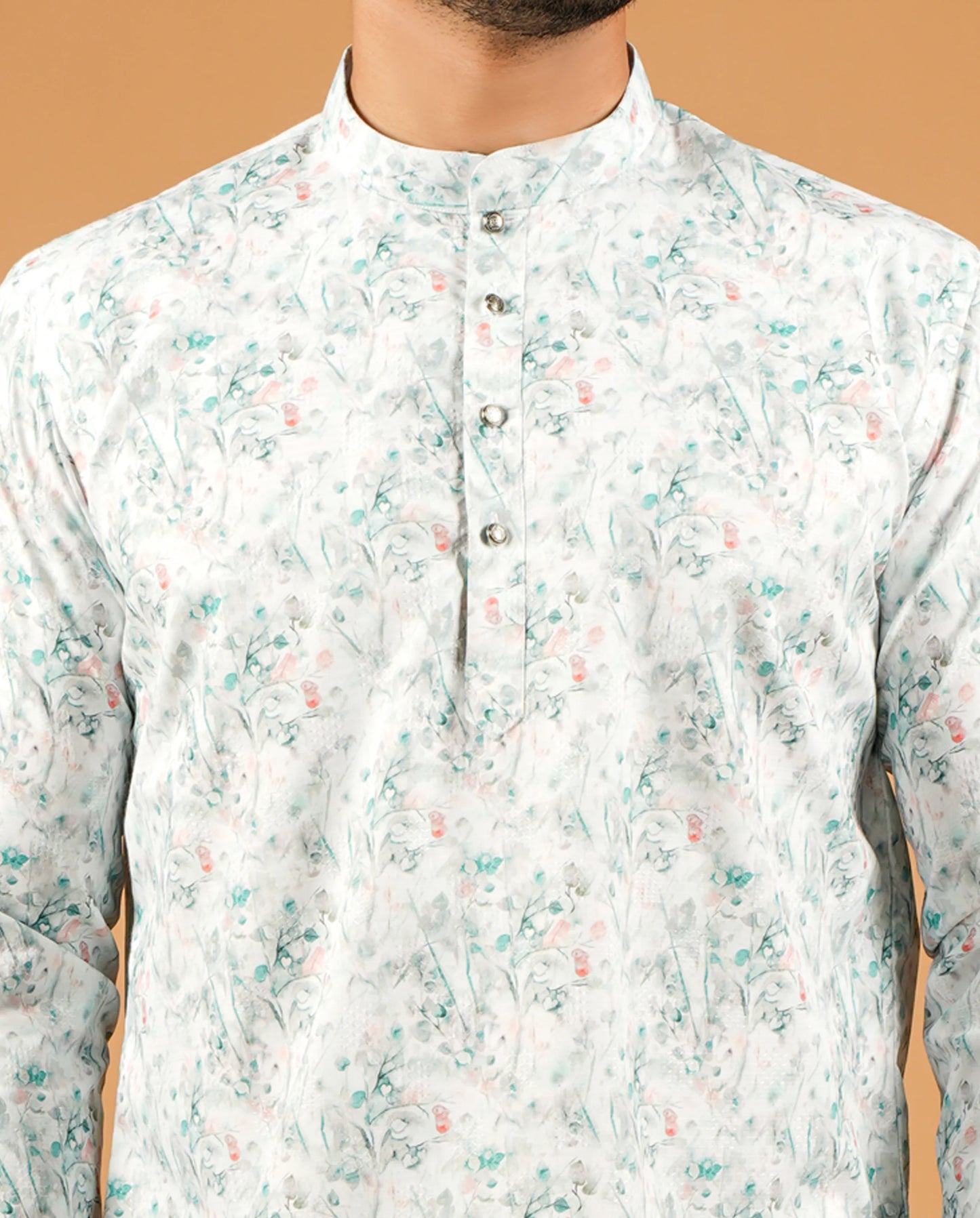 Watercolor Floral Print Short Kurta For Men