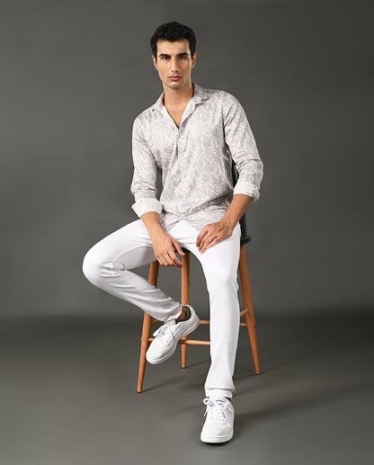 Mens Casual Pearl Cotton Blend Shirt with Grey Print