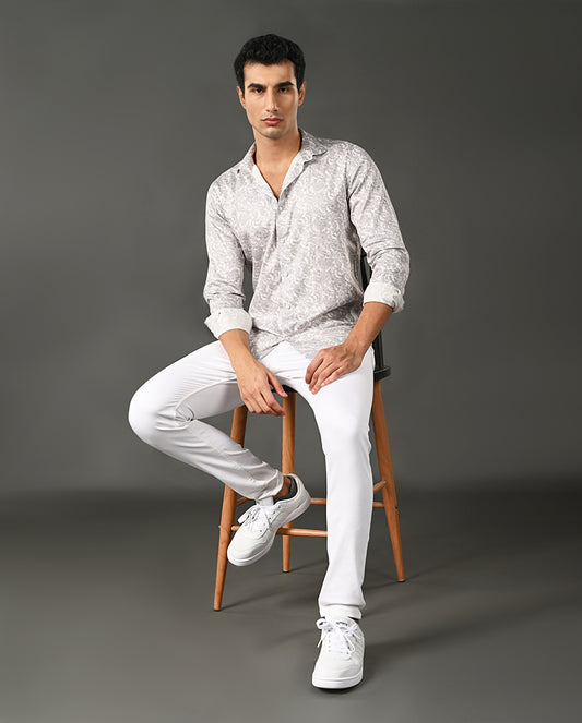 Mens Casual Pearl Cotton Blend Shirt with Grey Print
