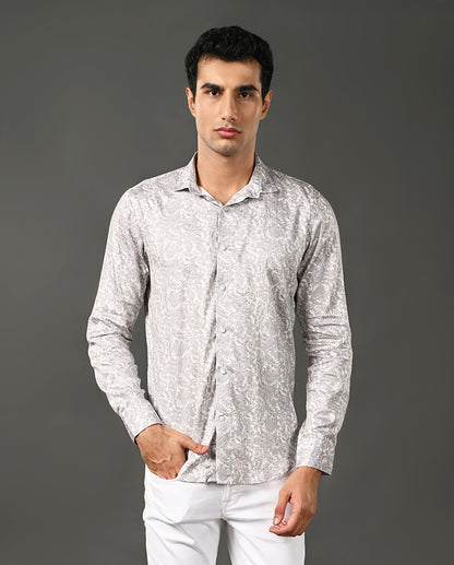 Mens Casual Pearl Cotton Blend Shirt with Grey Print