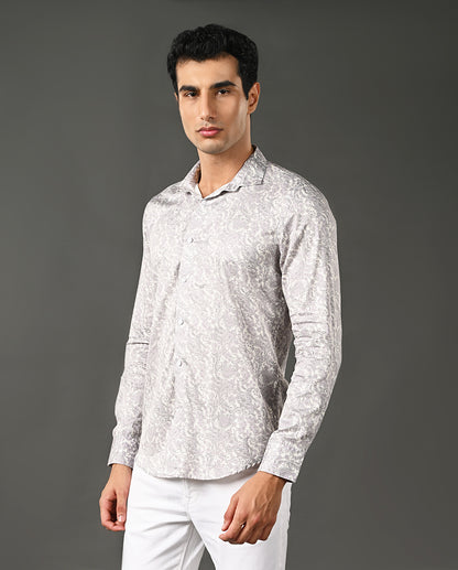 Mens Casual Pearl Cotton Blend Shirt with Grey Print