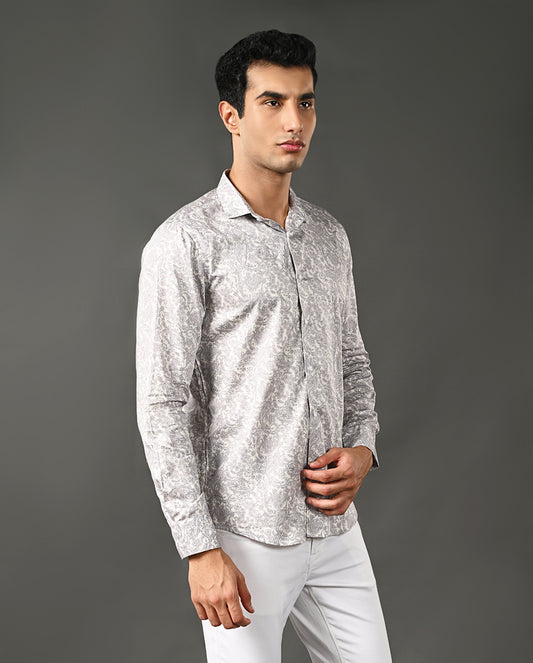 Mens Casual Pearl Cotton Blend Shirt with Grey Print
