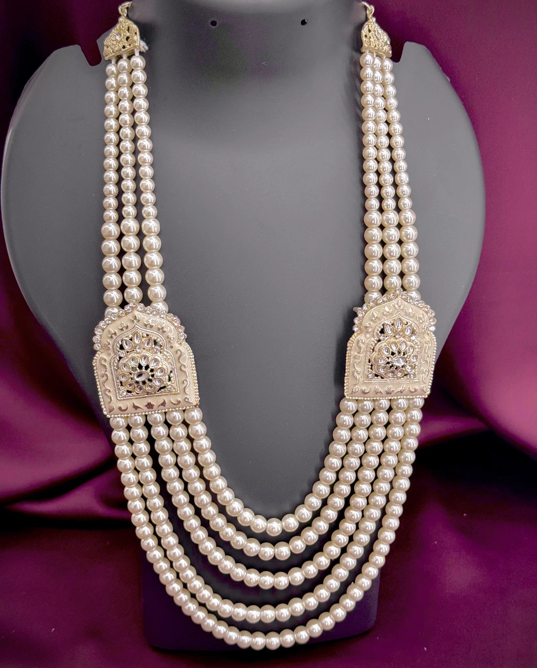 jharokha ivory pearl mala groom | kundan flower wedding sherwani necklace | royal layered pearl mala
