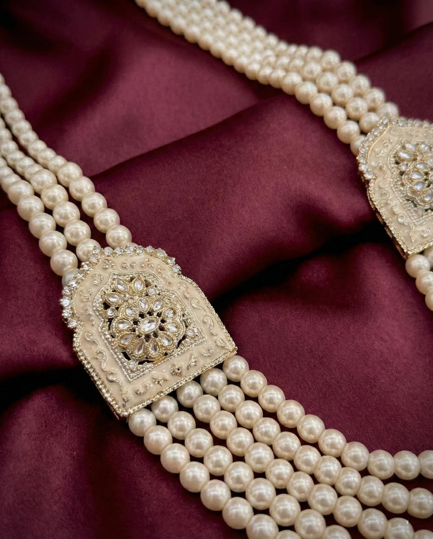 jharokha ivory pearl mala groom | kundan flower wedding sherwani necklace | royal layered pearl mala