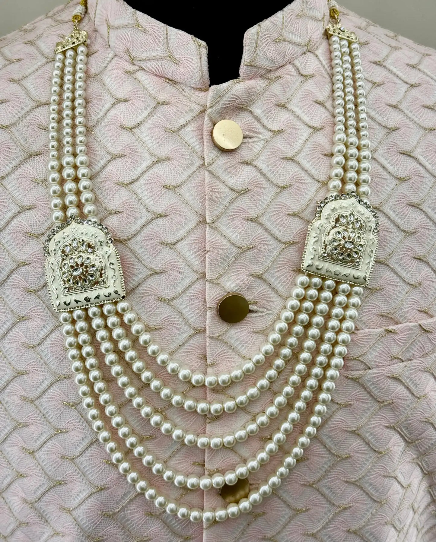 jharokha ivory pearl mala groom | kundan flower wedding sherwani necklace | royal layered pearl mala