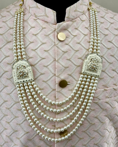 jharokha ivory pearl mala groom | kundan flower wedding sherwani necklace | royal layered pearl mala