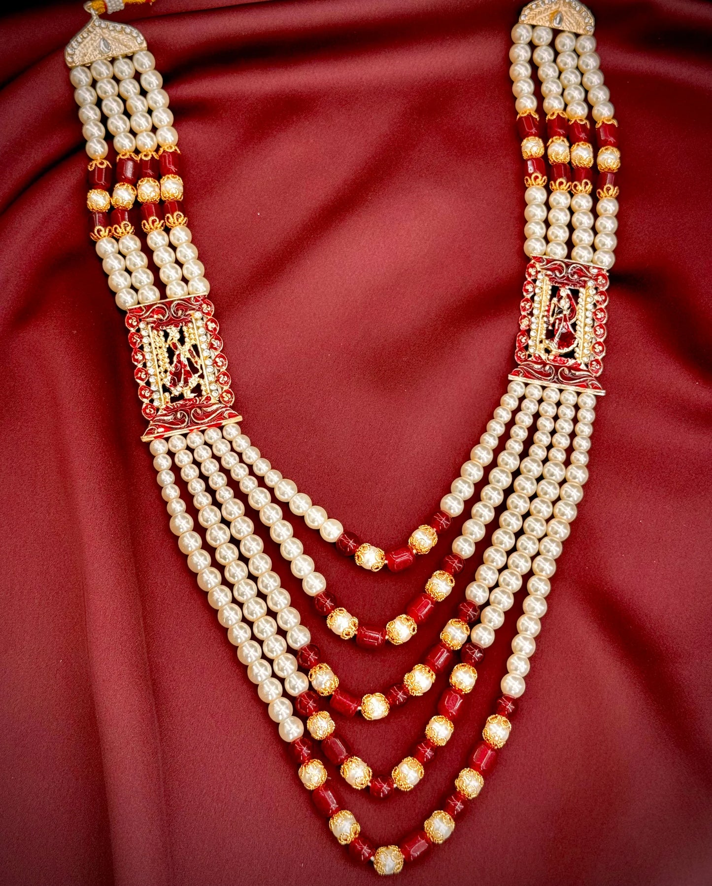 meenakari maroon pearl mala groom | red enamel wedding sherwani necklace | royal pearl mala