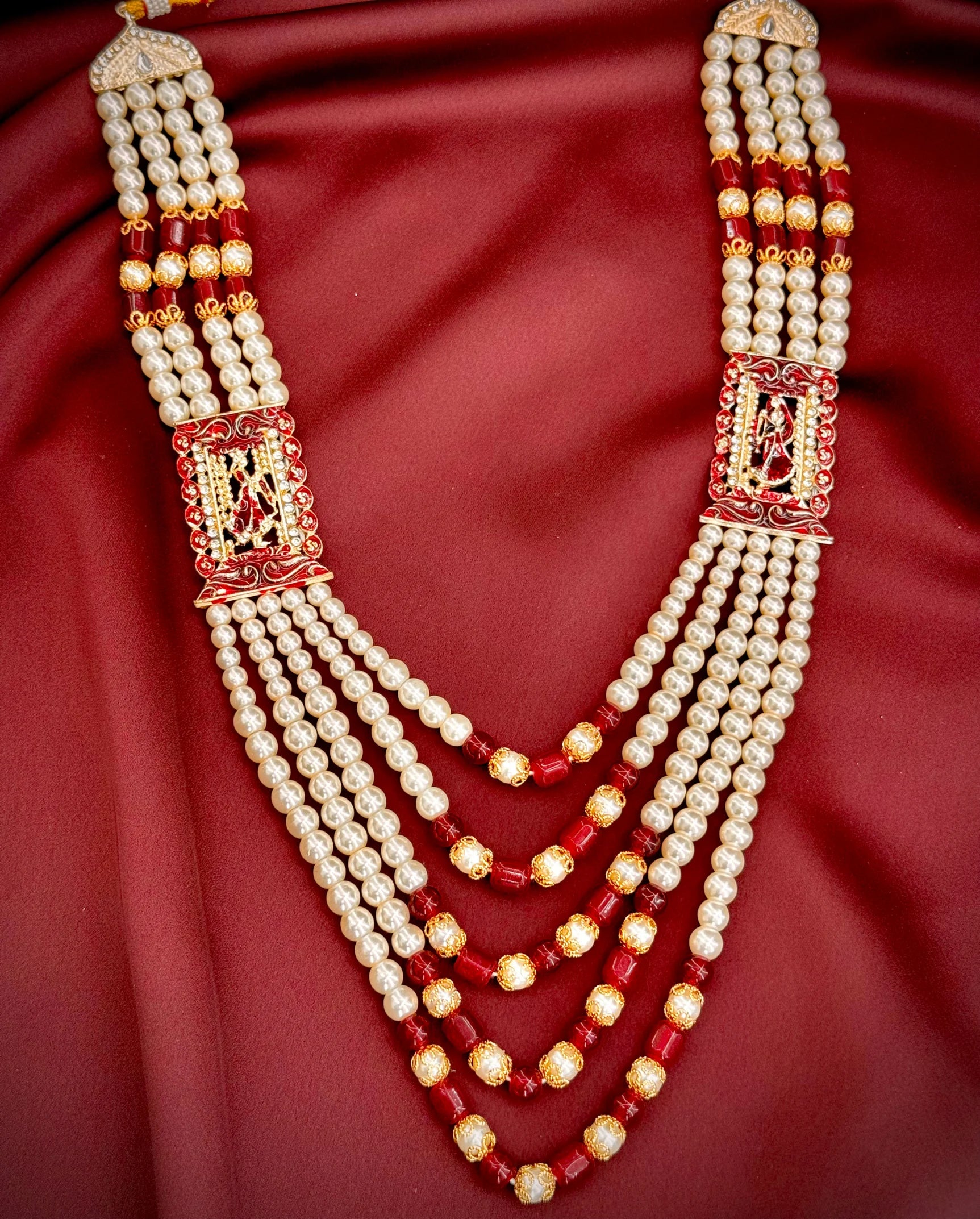 meenakari maroon pearl mala groom | red enamel wedding sherwani necklace | royal pearl mala