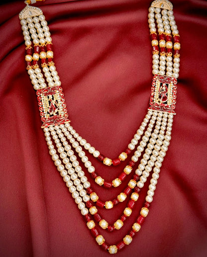meenakari maroon pearl mala groom | red enamel wedding sherwani necklace | royal pearl mala