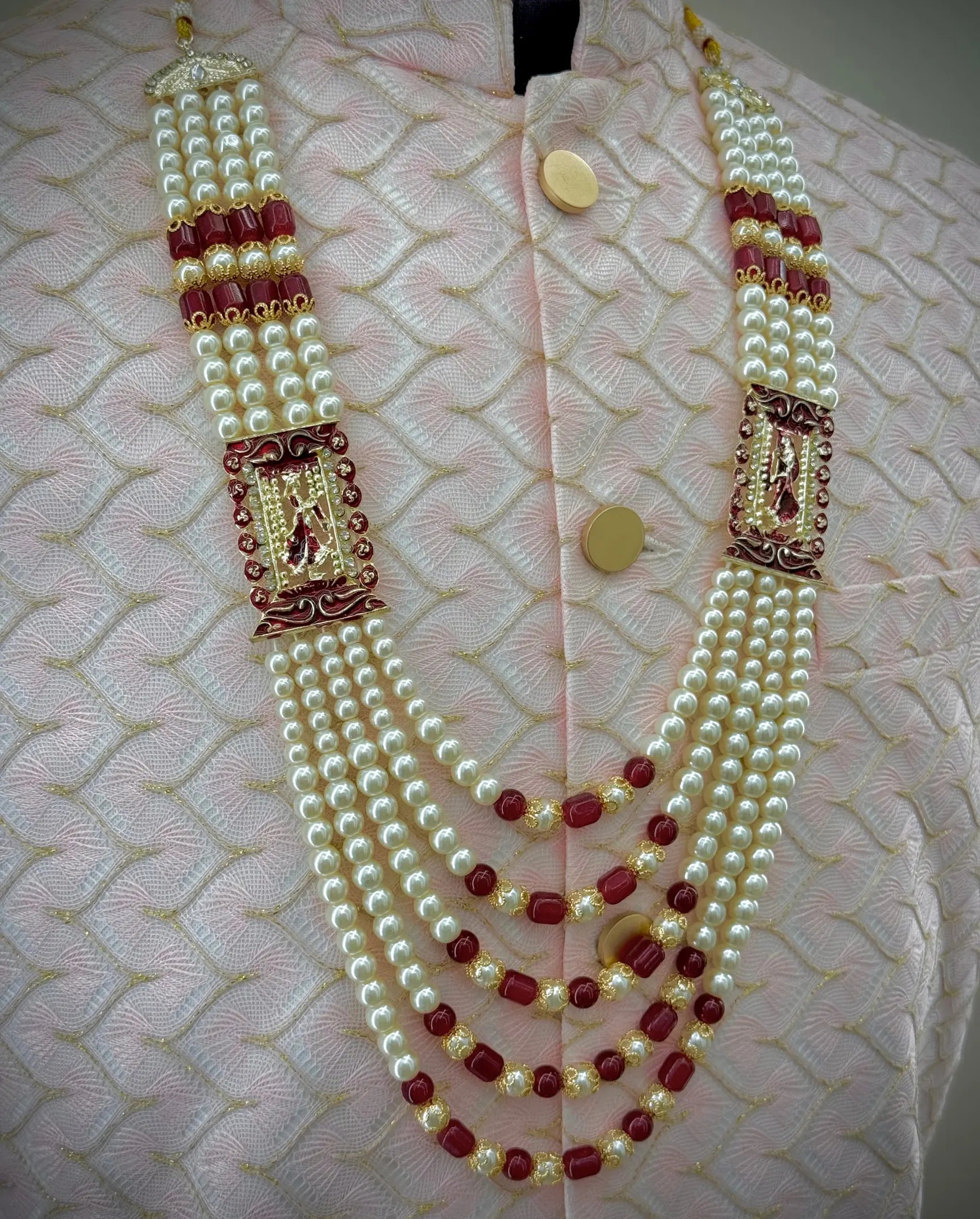 meenakari maroon pearl mala groom | red enamel wedding sherwani necklace | royal pearl mala