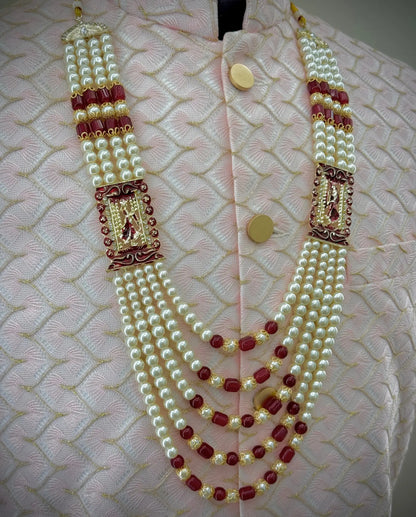 meenakari maroon pearl mala groom | red enamel wedding sherwani necklace | royal pearl mala