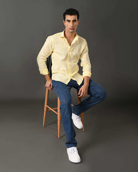 lemon yellow linen casual shirt men