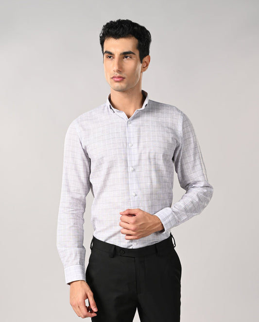 White slim fit linen formal shirt with grey line pattern and matching buttons