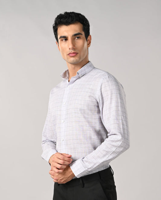 White slim fit linen formal shirt with grey line pattern and matching buttons