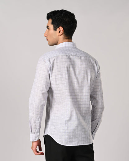 White slim fit linen formal shirt with grey line pattern and matching buttons