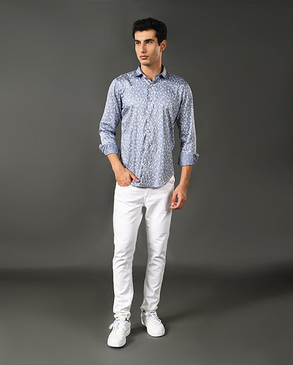 Mens Casual Blue Cotton Blend Shirt with Offwhite Print