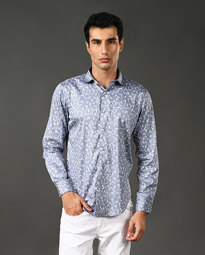 Mens Casual Blue Cotton Blend Shirt with Offwhite Print