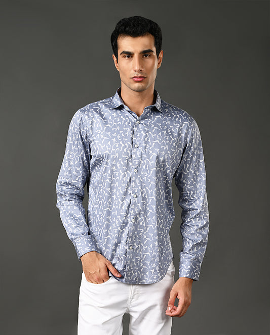 Mens Casual Blue Cotton Blend Shirt with Offwhite Print