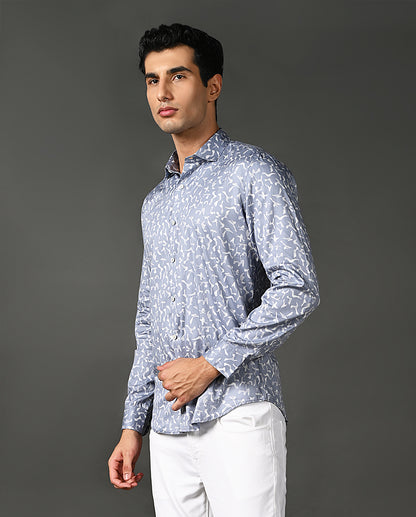 Mens Casual Blue Cotton Blend Shirt with Offwhite Print