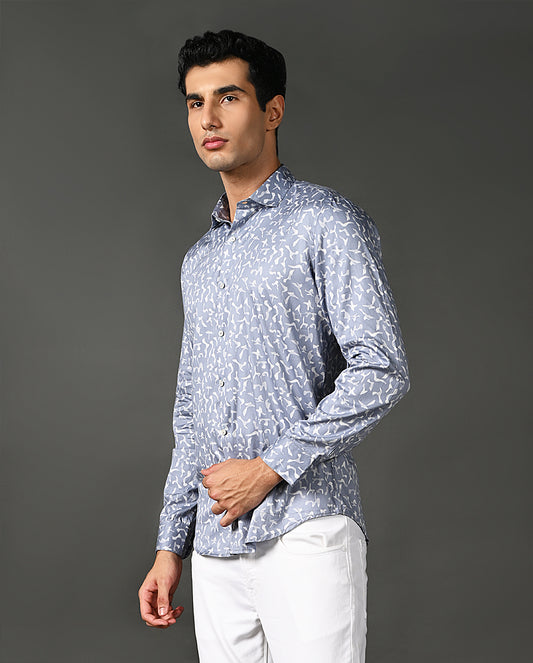 Mens Casual Blue Cotton Blend Shirt with Offwhite Print