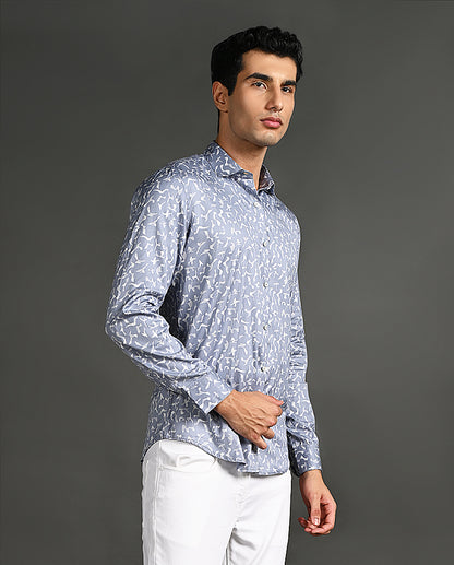 Mens Casual Blue Cotton Blend Shirt with Offwhite Print