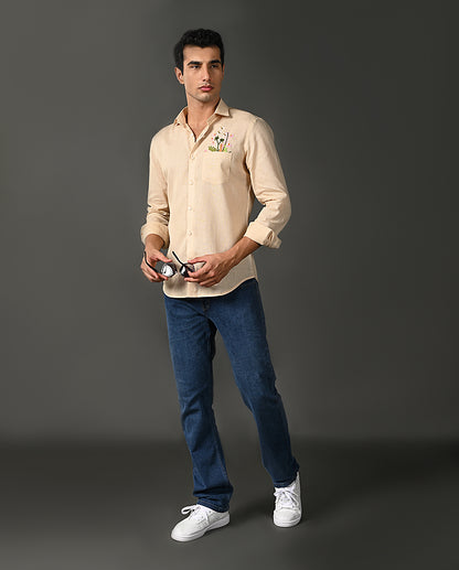Mens Designer Pearl Linen Blend Shirt with Pocket Embroidery