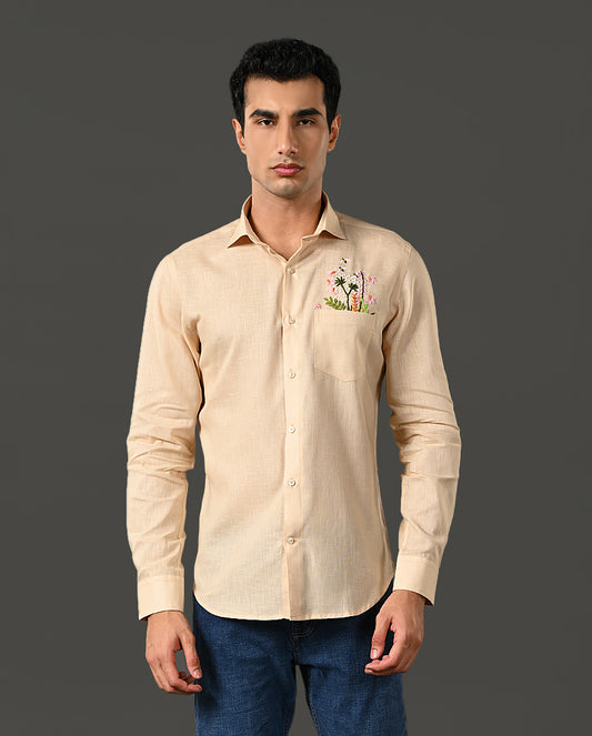 Mens Designer Pearl Linen Blend Shirt with Pocket Embroidery