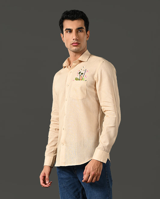 Mens Designer Pearl Linen Blend Shirt with Pocket Embroidery