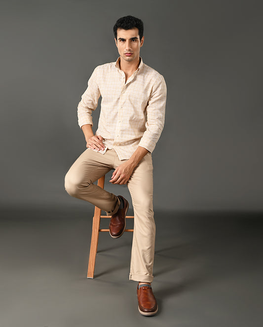 Mens Formal Khaki Linen Shirt- with Checks