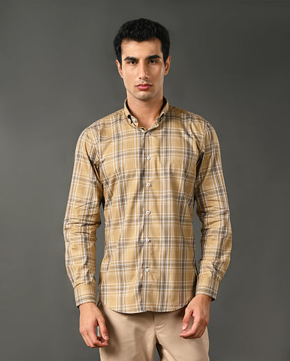 Mens Formal Mustard Yellow Pure Cotton Shirt with Checks