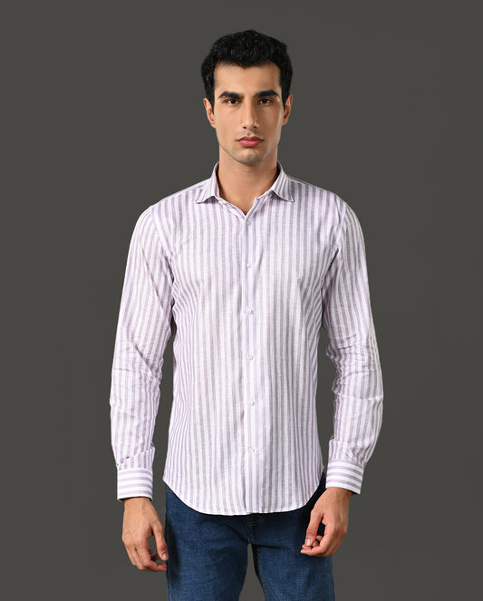 Mens Formal White Linen Blend Shirt with Vertical Lilac Lines