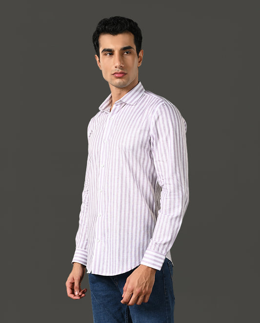 Mens Formal White Linen Blend Shirt with Vertical Lilac Lines
