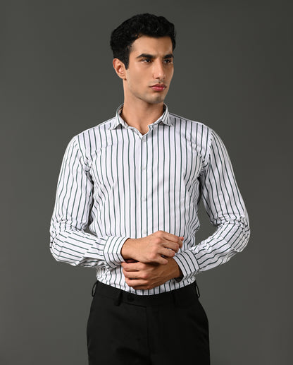Mens Formal White Pure Cotton Shirt with Grey & Black Vertical Lines