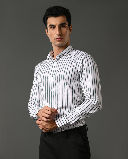 Mens Formal White Pure Cotton Shirt with Grey & Black Vertical Lines