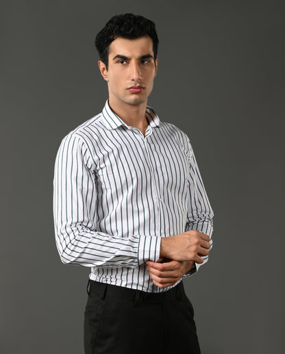 Mens Formal White Pure Cotton Shirt with Grey & Black Vertical Lines
