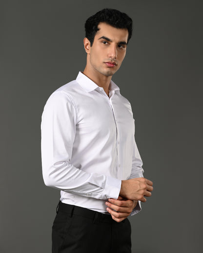 Close-up of a white dress shirt with collar and buttons on a gray background