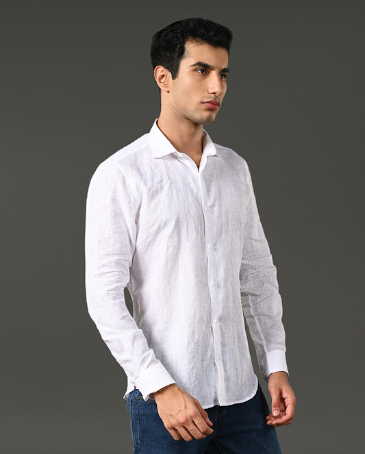 white rough texture linen shirt men