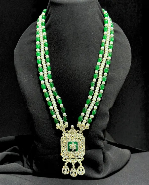 Royal green and pearl groom mala with pendant for sherwani
