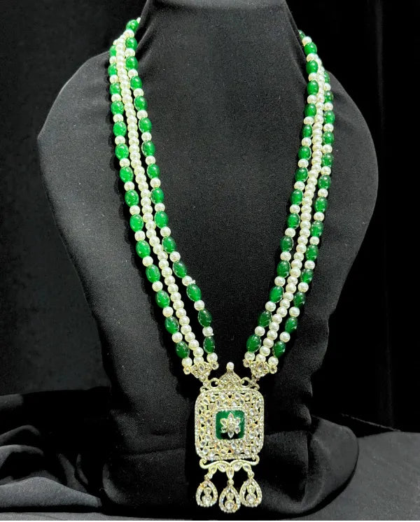 Royal green and pearl groom mala with pendant for sherwani
