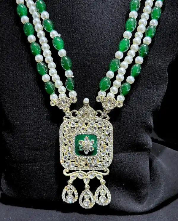 Royal green and pearl groom mala with pendant for sherwani
