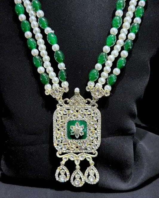Royal green and pearl groom mala with pendant for sherwani
