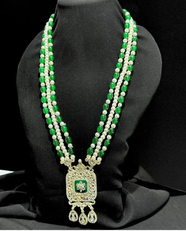 Royal green and pearl groom mala with pendant for sherwani
