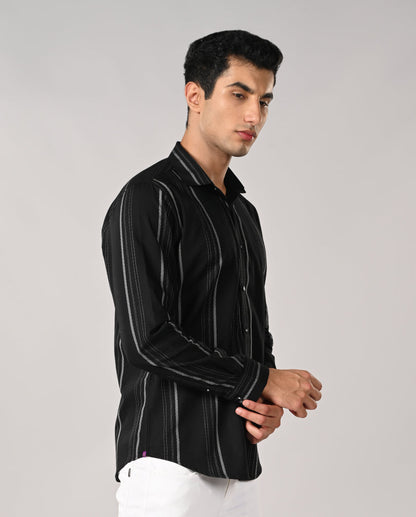 Mens black slim fit cotton blend casual shirt with white spotted lines and contrast buttons